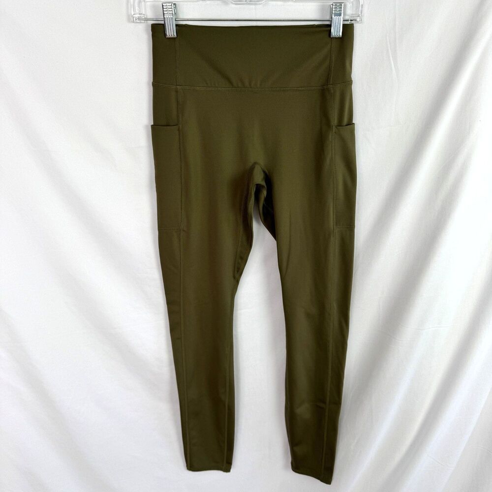 Fabletics Motion 365 High Waisted Leggings Size Small Tall Olive Green Pockets